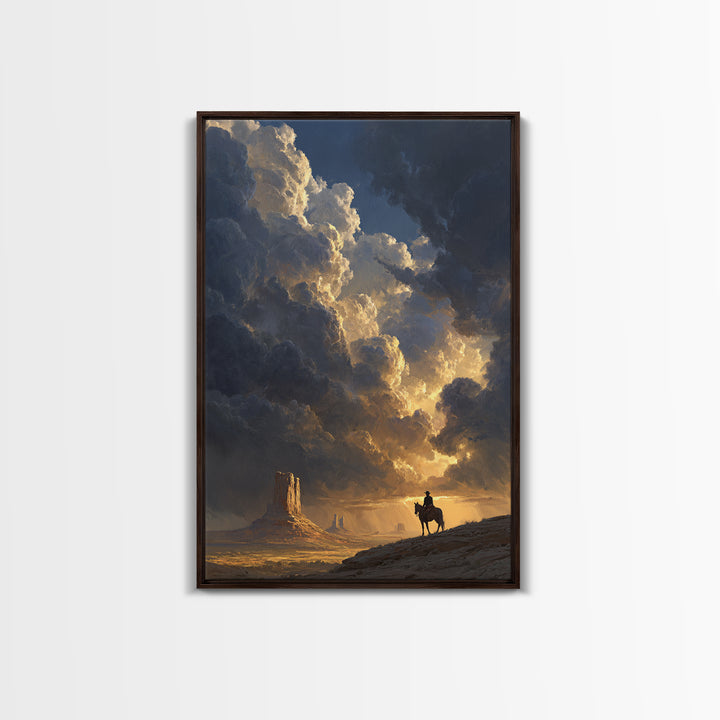 Dramatic Western Landscape With Cowboy On Horse And Monument Valley Scene Wall Art Canvas Print For Rustic Decor