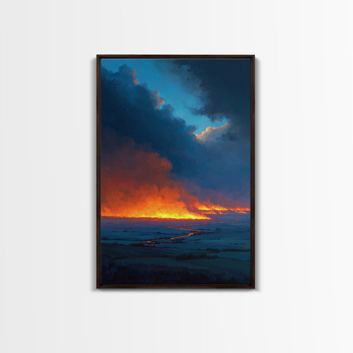 Dramatic Fire And Smoke Landscape Painting Large Wall Art Canvas Print For Rustic Home Decor And Office