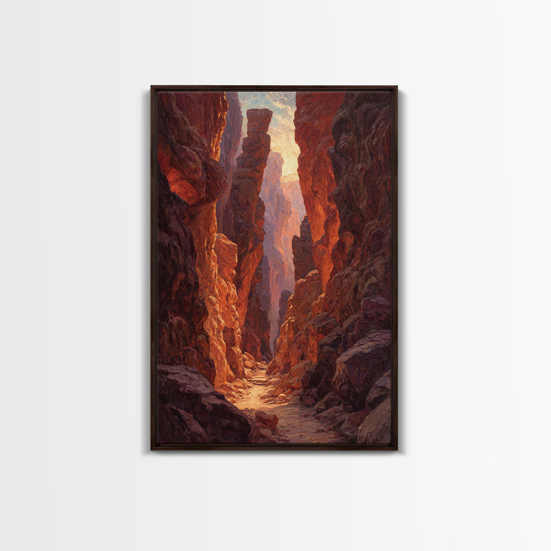 Sunlit Rocky Canyon With Warm Tones Nature Painting Wall Art Canvas Print Large Landscape Home Decor And Original Art