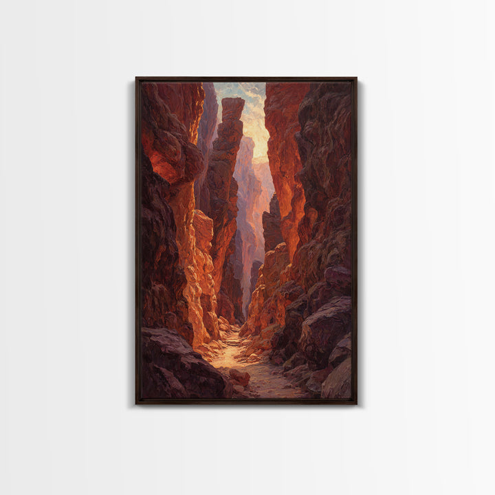 Sunlit Rocky Canyon With Warm Tones Nature Painting Wall Art Canvas Print Large Landscape Home Decor And Original Art