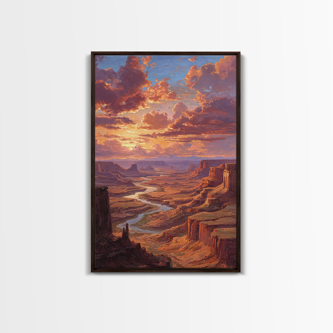 Sunset Over Canyon River Oil Painting Landscape Wall Art Large Framed Canvas Print Rustic Home Decor Gift For Nature Lovers