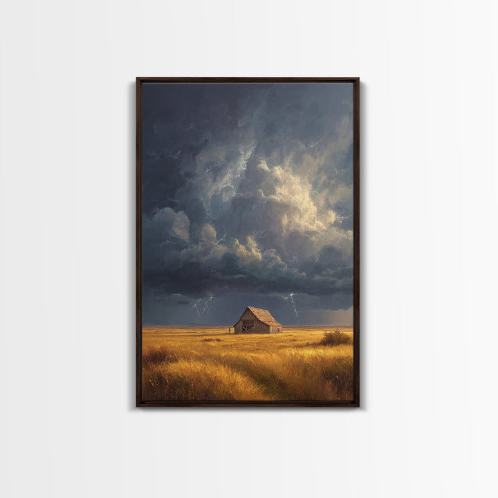 Rustic Barn In Stormy Field Landscape Wall Art With Dramatic Sky Lightning Canvas Print For Living Room Decor