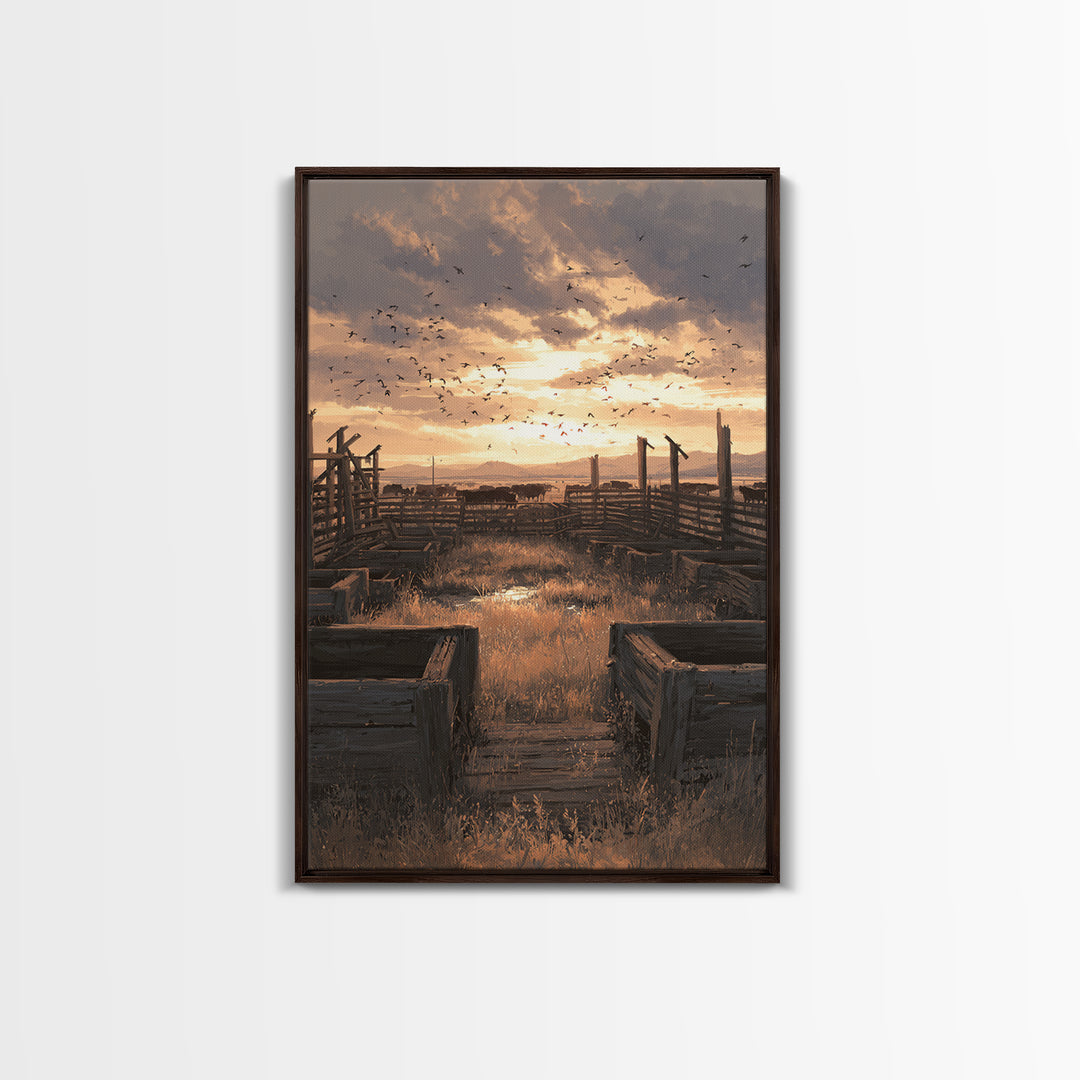 Rustic Landscape Oil Painting Of Cattle Corral At Sunset Wall Art Framed Canvas Print For Farmhouse Decor