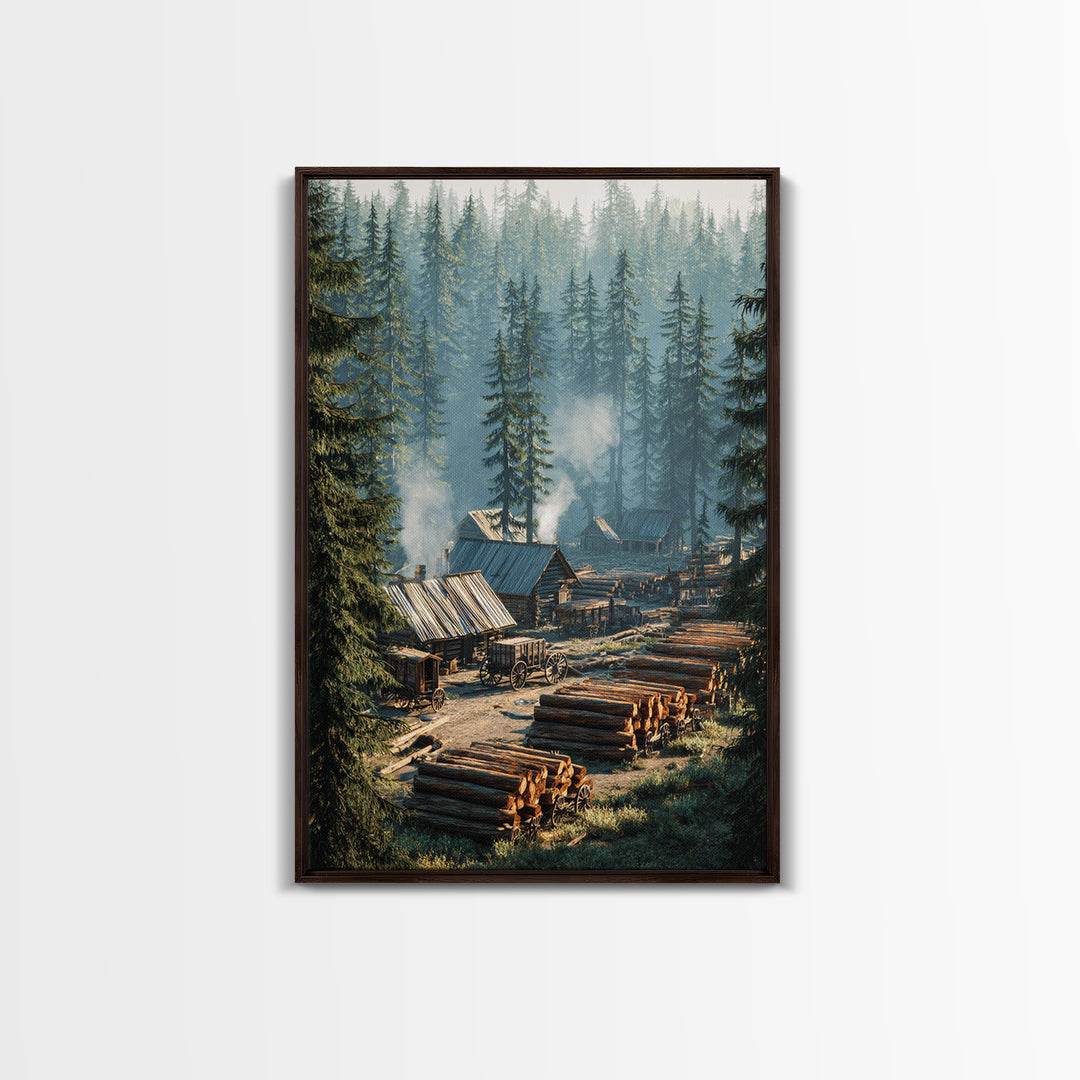Rustic Log Cabin Village In Misty Forest Painting Wall Art Canvas Print For Cozy Home Decor Living Room Wall Art