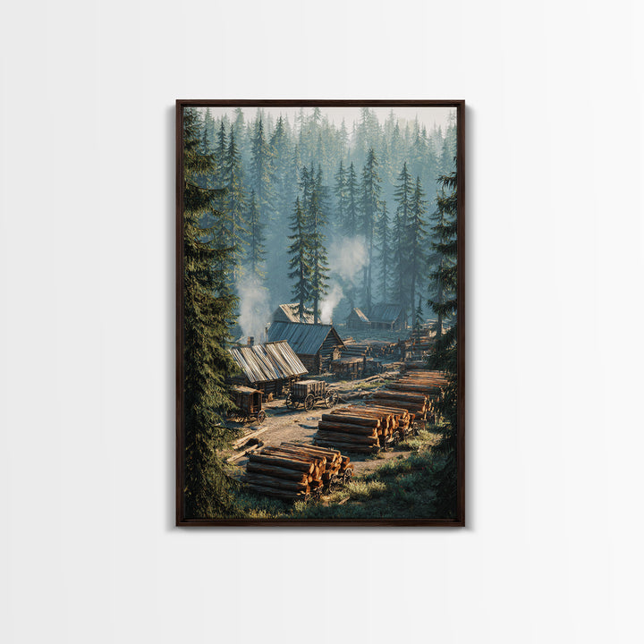 Rustic Log Cabin Village In Misty Forest Painting Wall Art Canvas Print For Cozy Home Decor Living Room Wall Art
