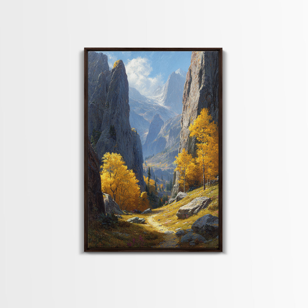 Majestic Mountain Valley Fall Landscape Painting Wall Art Framed Canvas Print For Warm Autumn Home Decor Living Room