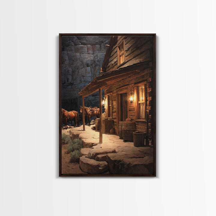 Rustic Western Cabin With Horses At Dusk Warm Oil Painting Wall Art Framed Canvas Print For Cozy Living Room