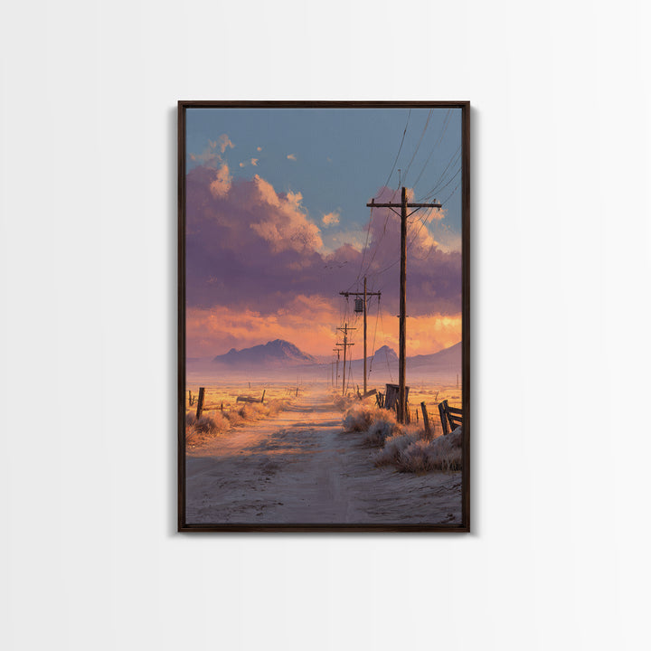 Desert Sunset Road With Power Poles And Mountains Minimalist Landscape Wall Art Framed Canvas Print For Modern Home