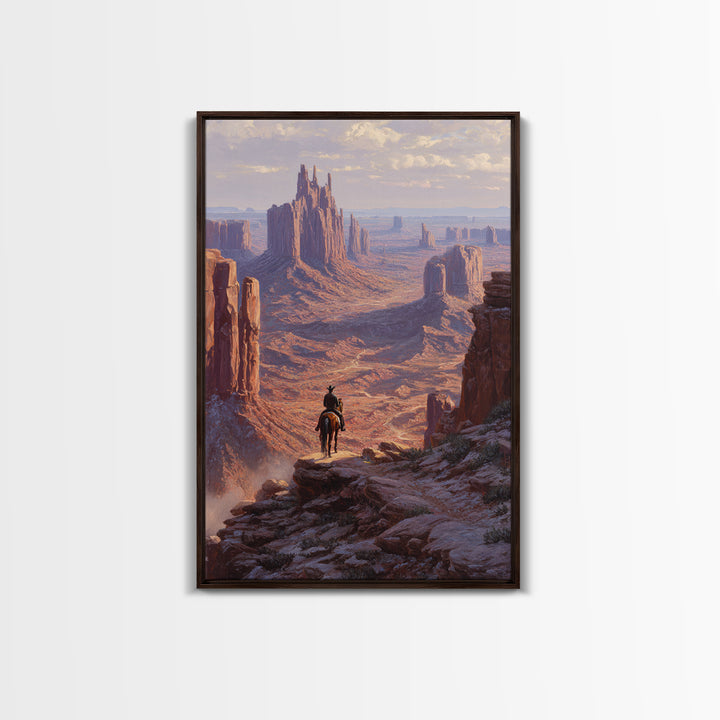 Western Cowboy Silhouette Watching Monument Valley Sunset Wall Art Print For Rustic Home Decor Living Room Framed Canvas Print