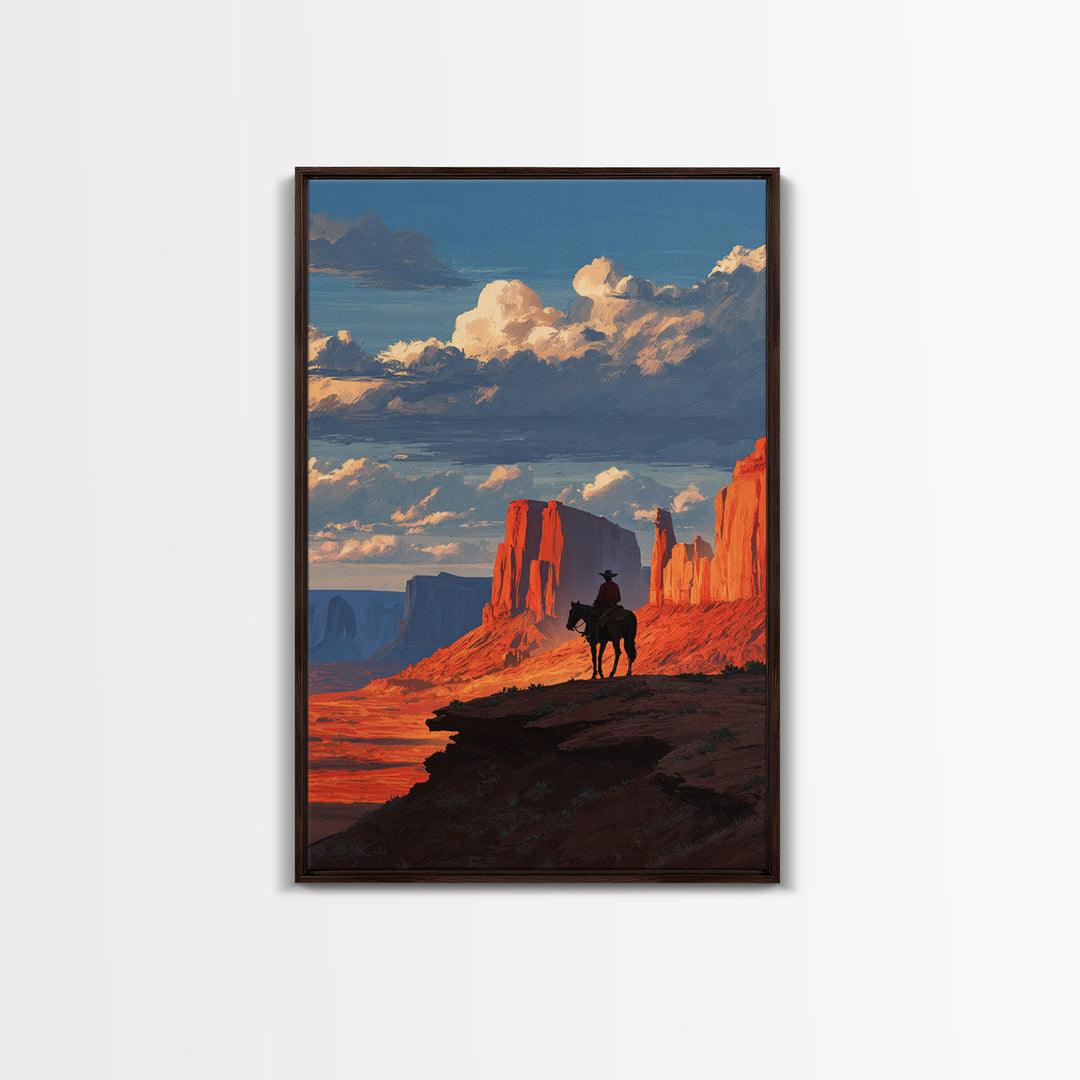 Cowboy On Horse Looking Over Red Rock Canyon Landscape Sunset Western Wall Art Canvas Print