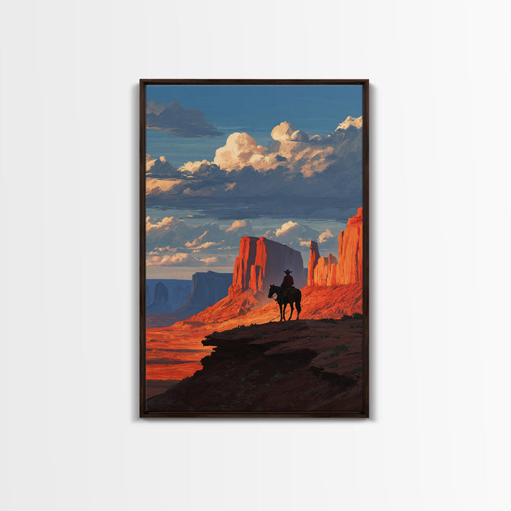 Cowboy On Horse Looking Over Red Rock Canyon Landscape Sunset Western Wall Art Canvas Print