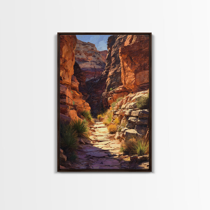 Rustic Canyon Pathway Desert Landscape Wall Art, Warm Earth Tones Framed Canvas Print For Modern Living Room Decor