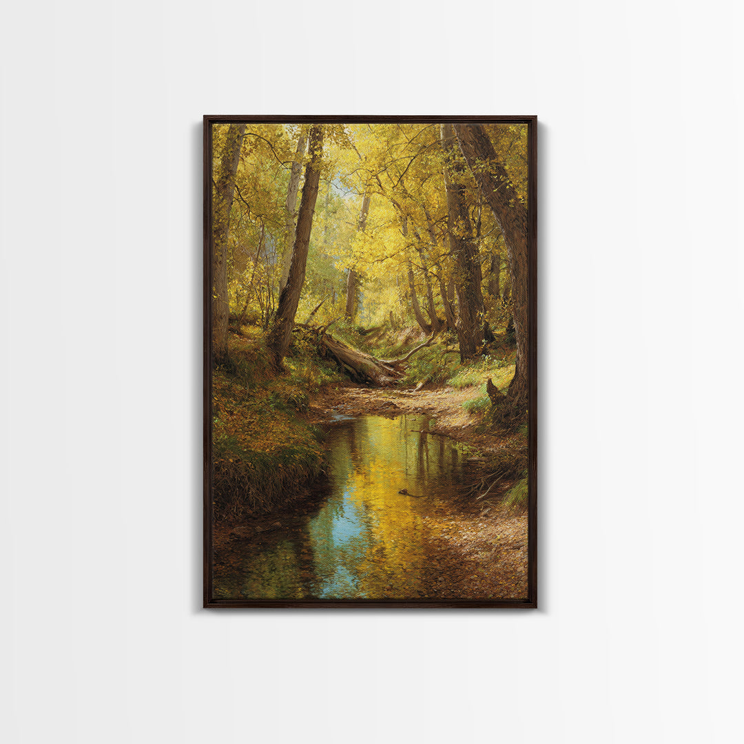 Serene Autumn Forest Landscape Oil Painting Canvas Print Featuring Golden Trees And Reflections For Wall Art