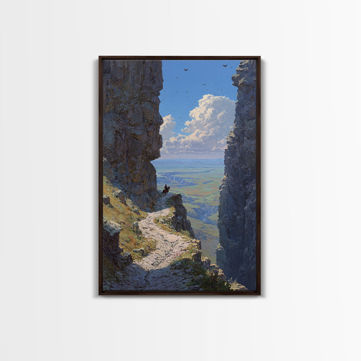 Western Cowboy On Horseback Amidst Majestic Rocky Canyon Landscape Large Wall Art Canvas Print