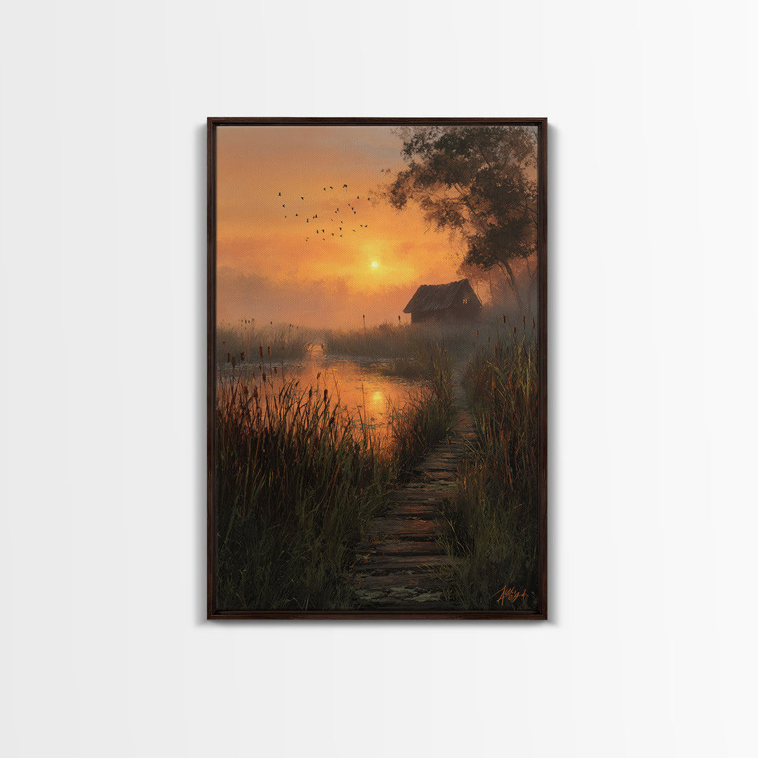 Peaceful Country Cabin At Sunlit Evening With Birds Flying Over Still Pond Serene Landscape Wall Art Print