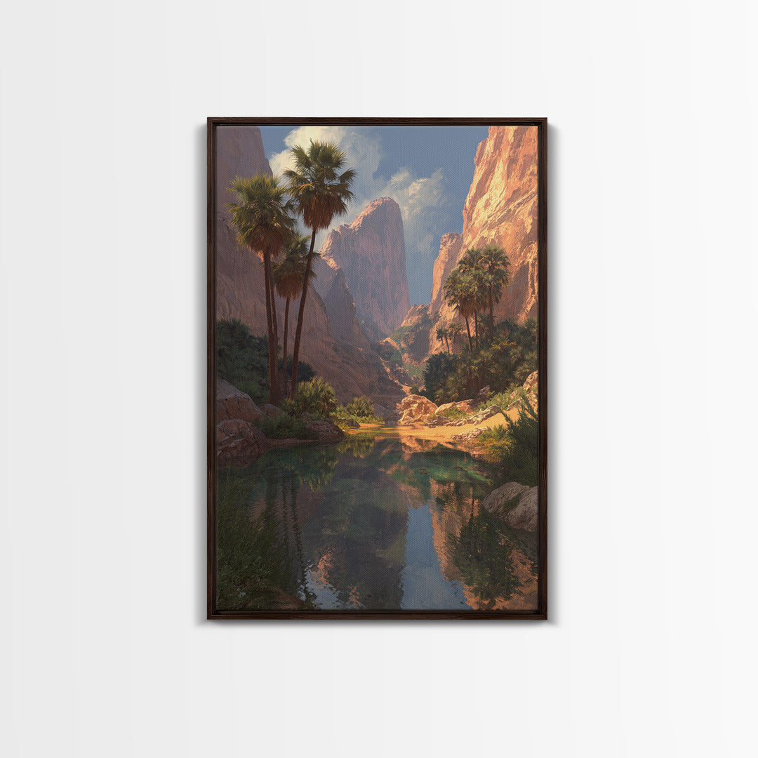 Stunning Desert Canyon Landscape Painting With Palm Trees Reflecting In Water Large Wall Art Canvas Print For Southwestern Home Decor
