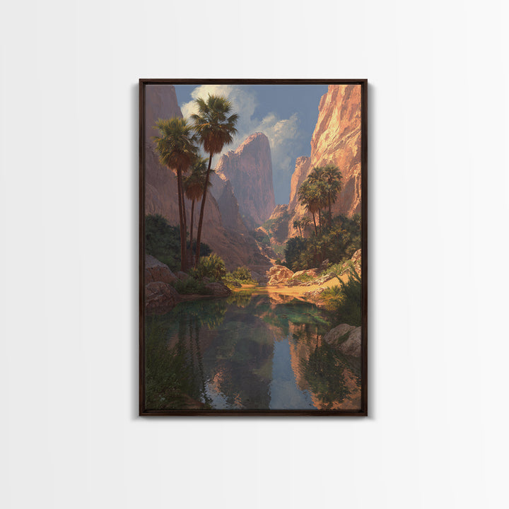 Stunning Desert Canyon Landscape Painting With Palm Trees Reflecting In Water Large Wall Art Canvas Print For Southwestern Home Decor