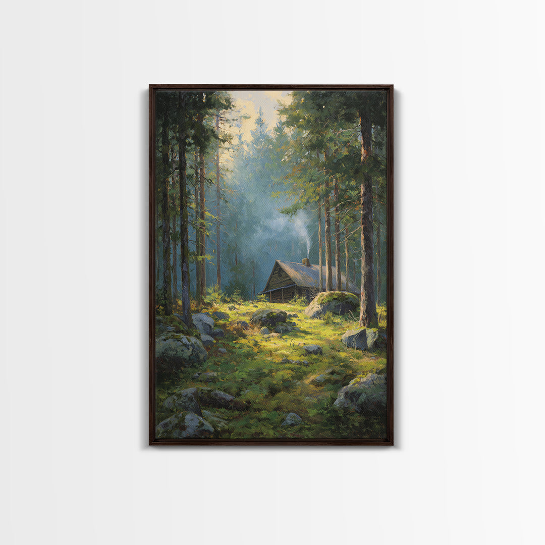 Sunset Campfire In Cozy Rustic Cabin Smoky Forest Original Oil Painting Wall Art Framed Canvas Print Warm Home Decor Nature Artwork