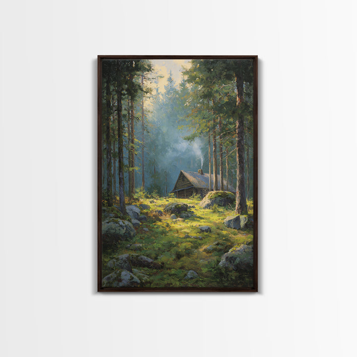 Sunset Campfire In Cozy Rustic Cabin Smoky Forest Original Oil Painting Wall Art Framed Canvas Print Warm Home Decor Nature Artwork
