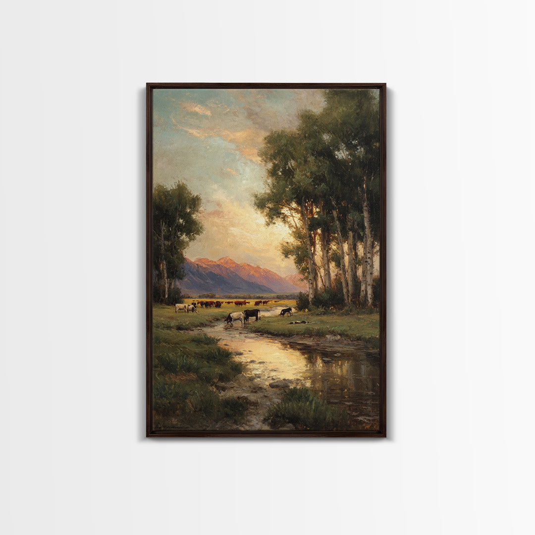 Serene Pastoral Landscape Oil Painting Artwork Featuring Cows Grazing Near Mountains Large Wall Art Canvas Print For Rustic Home Decor