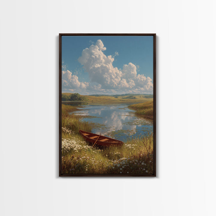 Quiet Lakeside Scene With Rowboat And Wildflowers Landscape Oil Painting Fine Art Print Wall Art