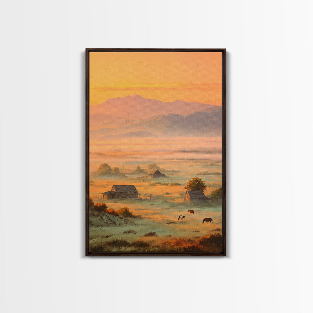 Golden Morning Mist Over Rustic Barns And Horses With Mountain Background Wall Art For Cozy Living Room Decor