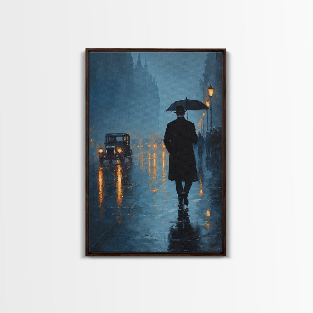Rainy London Street With Umbrella Wall Art, Moody Blue Cityscape Oil Painting Print For Living Room Office Decor And Dark Academia