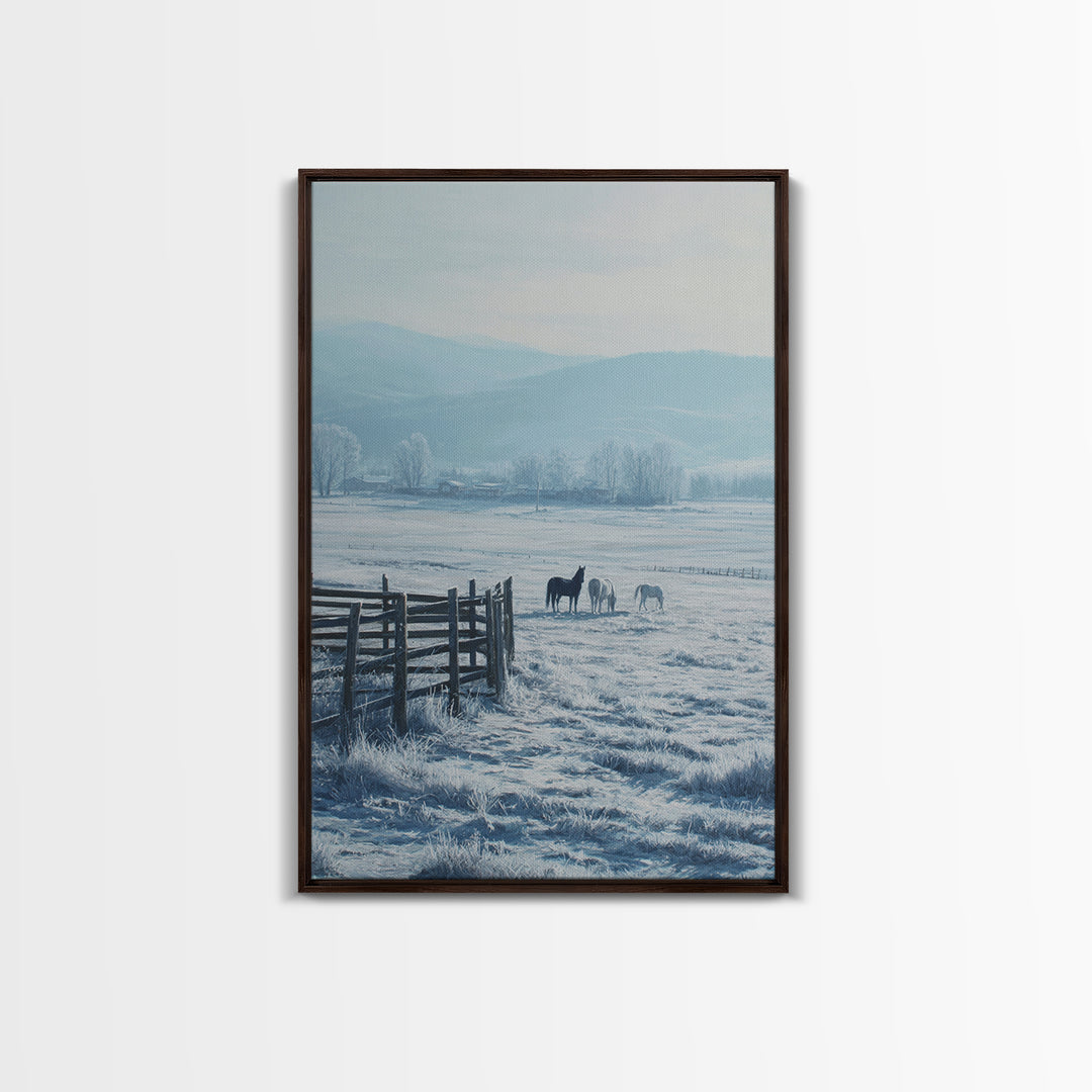 Winter Landscape Painting With Horses In Snowy Field Featuring Wooden Fence Pastel Tones Canvas Print For Rustic Home Decor
