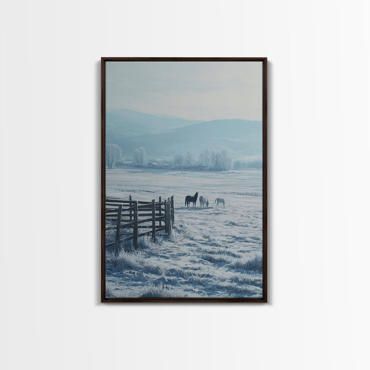 Winter Landscape Painting With Horses In Snowy Field Featuring Wooden Fence Pastel Tones Canvas Print For Rustic Home Decor