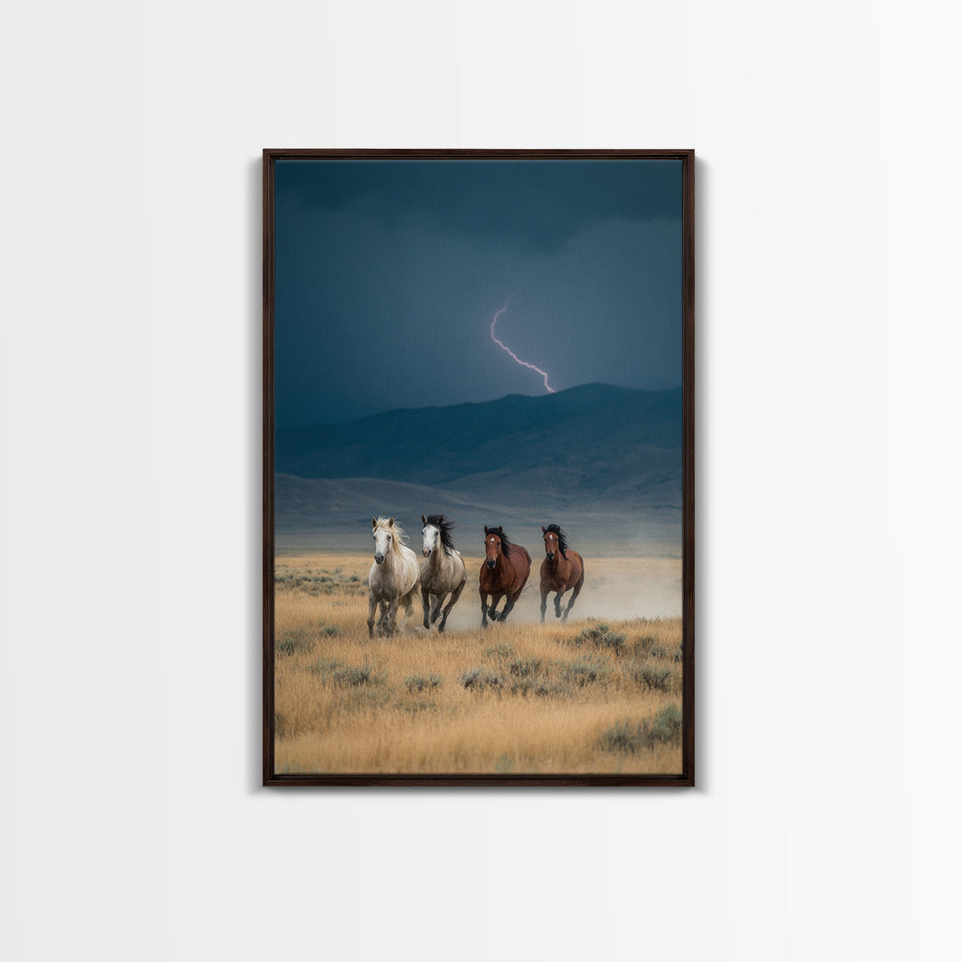 Wild Horses Running Amid Stormy Landscape Canvas Print, Dramatic Animal Wall Art, Rustic Western Home Decor