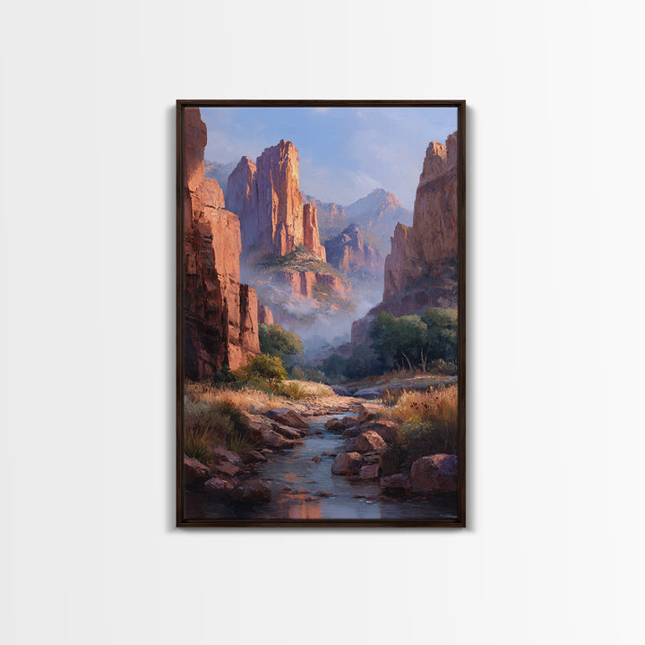 Classic Landscape Oil Painting Canyon River Wall Art Framed Canvas Print For Rustic Home Decor And Gifts