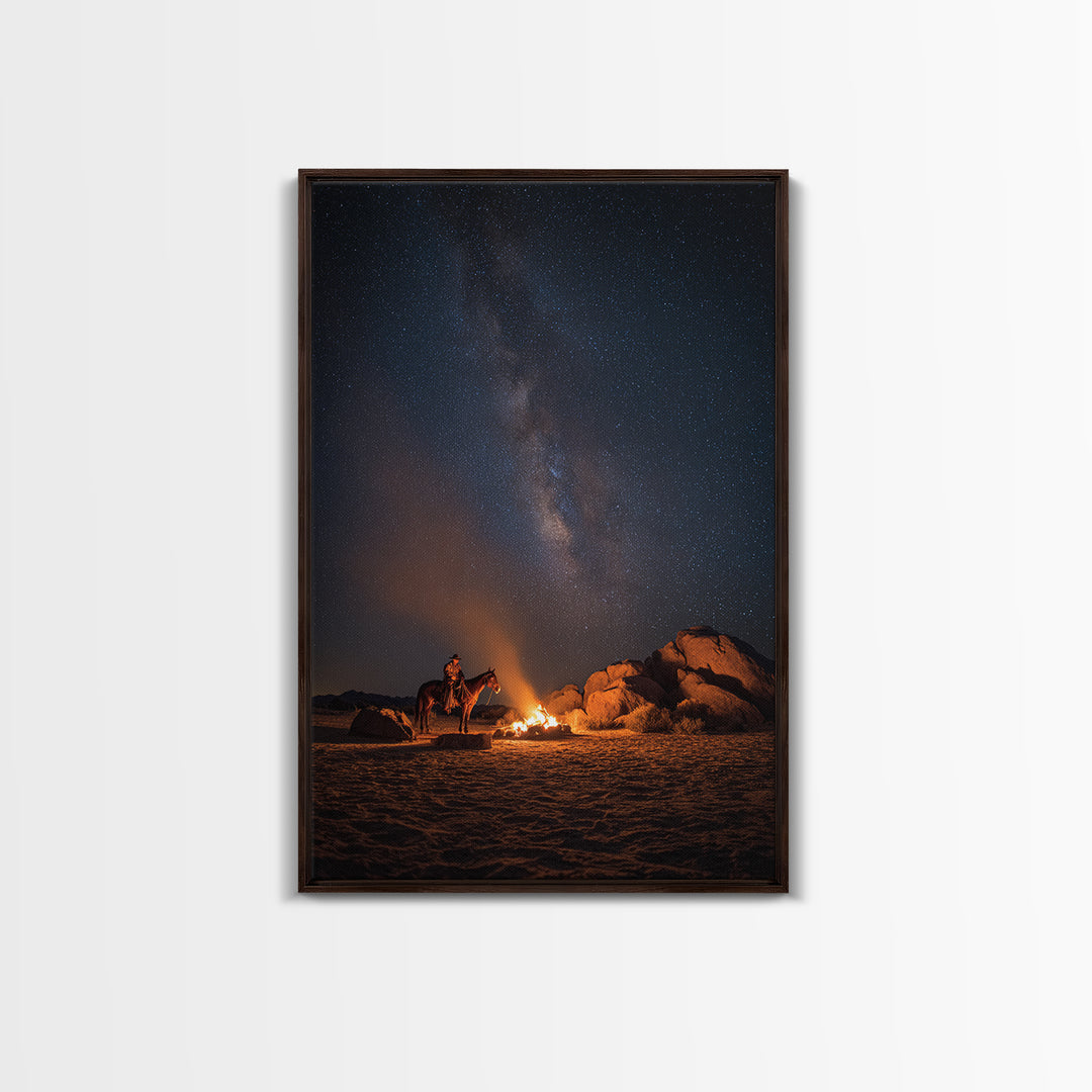 Wild West Cowboy By Campfire Under Starry Night Sky Large Wall Art Canvas Print For Rustic Western Home Or Man Cave Decor