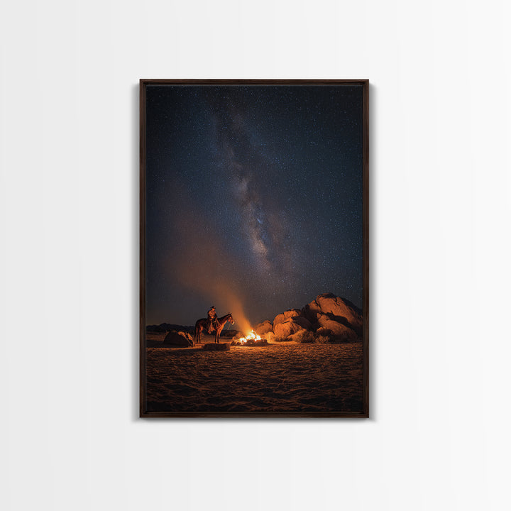 Wild West Cowboy By Campfire Under Starry Night Sky Large Wall Art Canvas Print For Rustic Western Home Or Man Cave Decor