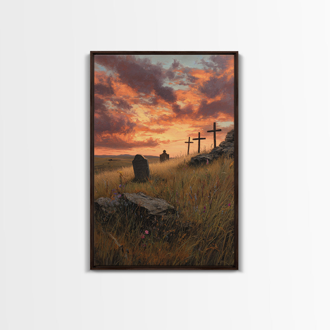 Sunset Cemetery Scene Oil Painting With Striking Sky And Crosses Wall Art Framed Canvas Print For Living Room Decor