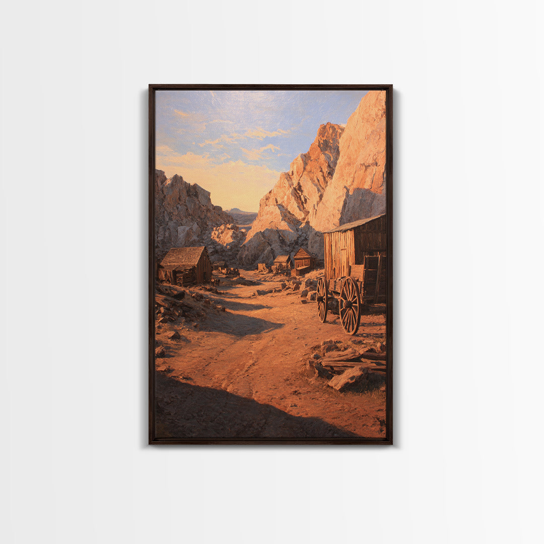 Rustic Western Homestead Scene Wall Art Depicting Mountain Landscape With Old Wagon Large Wall Art Framed Canvas Print