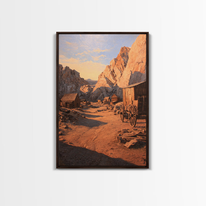 Rustic Western Homestead Scene Wall Art Depicting Mountain Landscape With Old Wagon Large Wall Art Framed Canvas Print