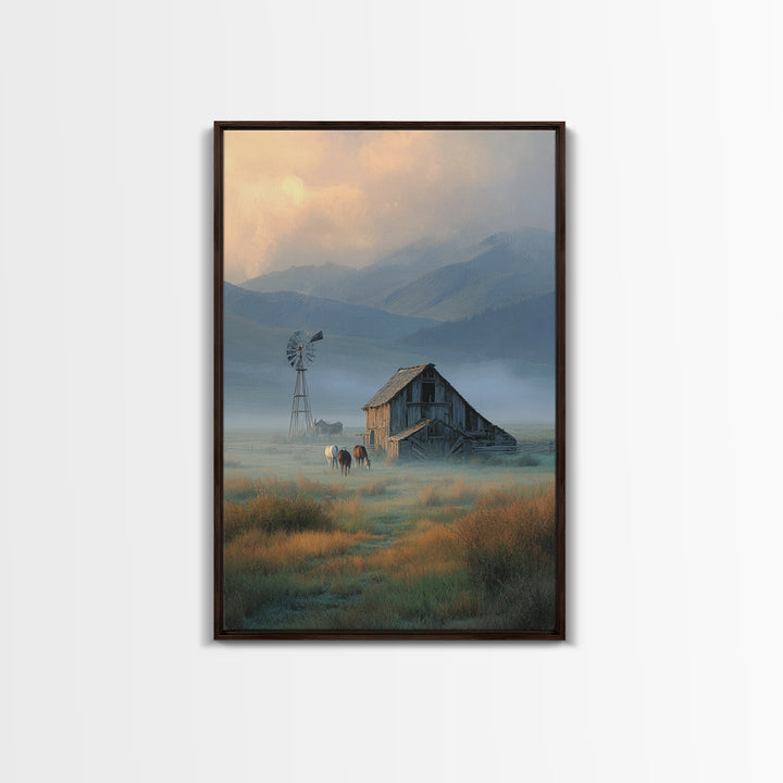 Rustic Countryside Landscape With Windmill And Horses Wall Art Canvas Print For Farmhouse Decor And Cozy Home Decoration