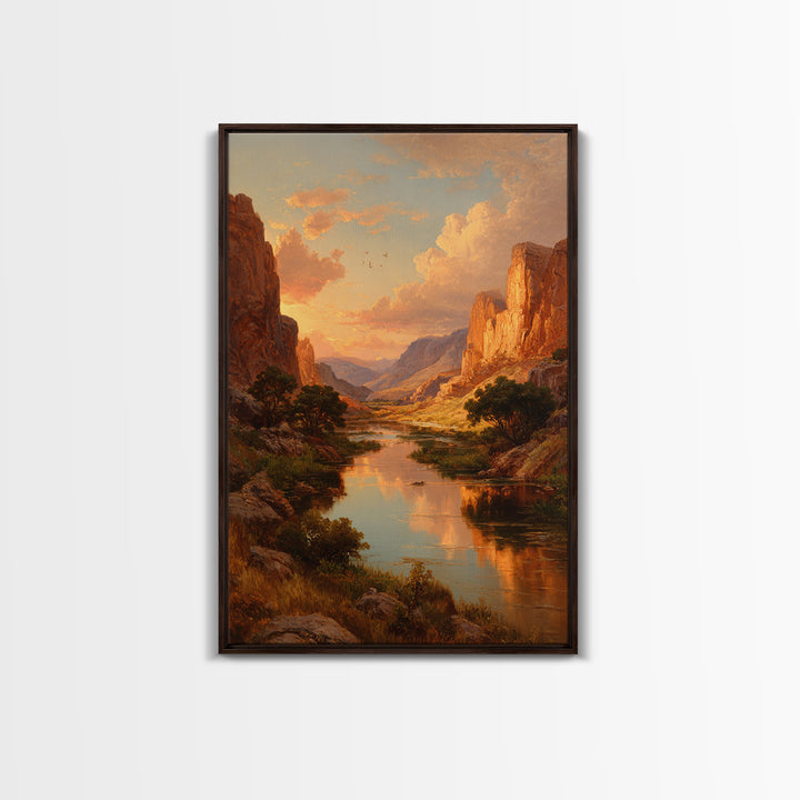 Sunset Over Majestic Canyon Landscape River Reflection Wall Art Framed Canvas Print For Rustic Home Decor