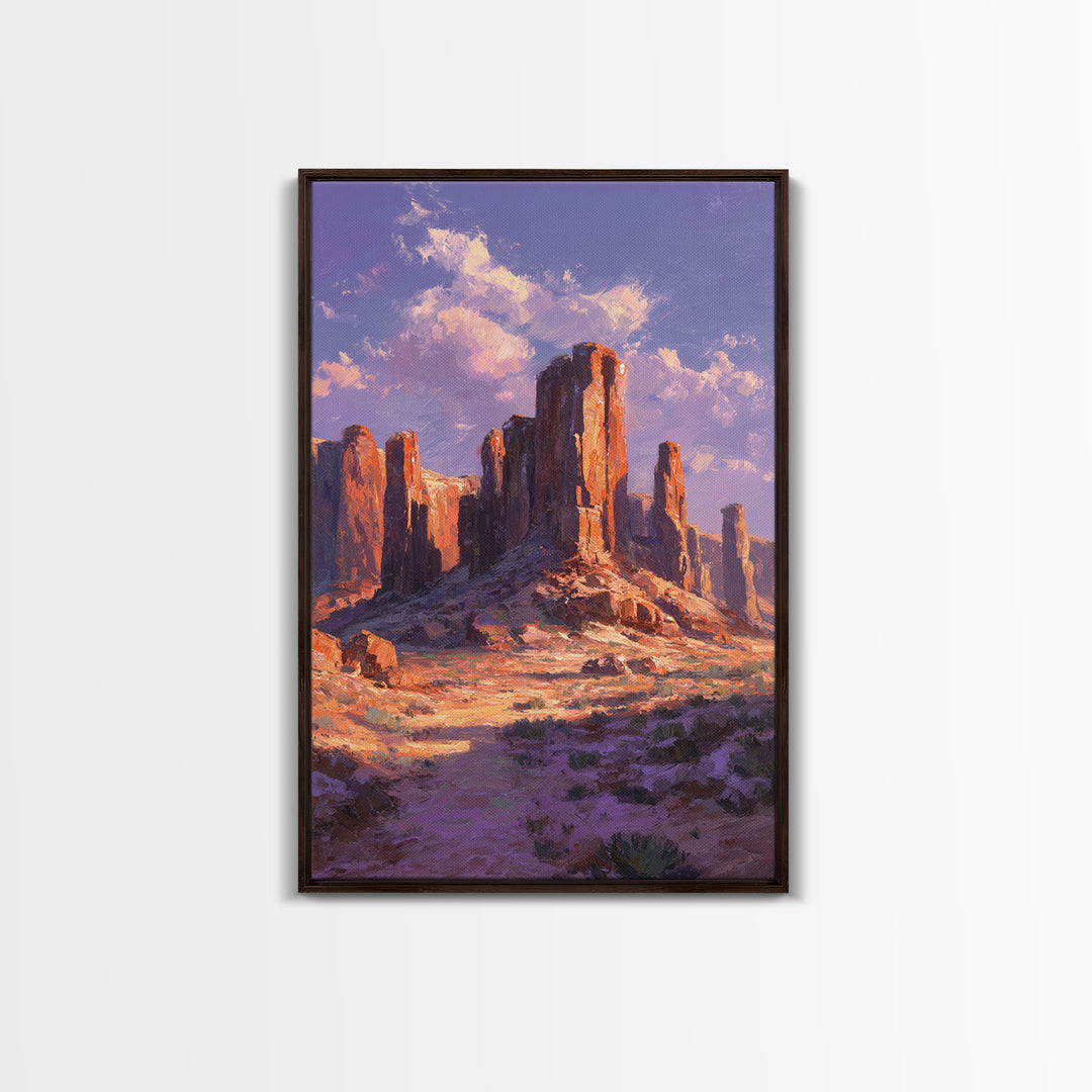 Desert Monument Valley Landscape At Sunset In Oil Painting Style Wall Art Framed Canvas Print For Rustic Home Decor