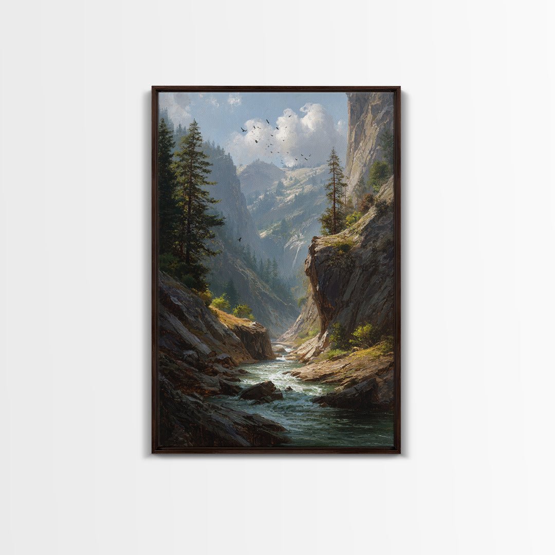 Majestic Mountain Canyon Landscape With Stream And Birds Original Oil Painting Canvas Print For Living Room Decor