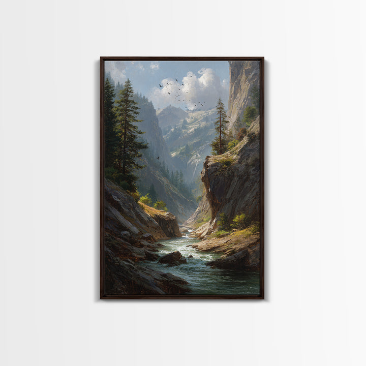 Majestic Mountain Canyon Landscape With Stream And Birds Original Oil Painting Canvas Print For Living Room Decor