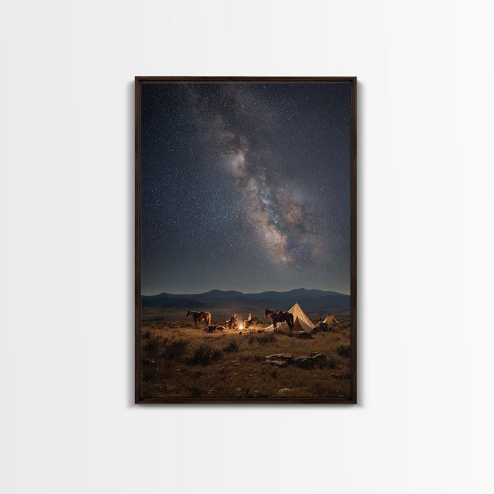 Cowboys Campfire Under Star Filled Night Sky Photography Canvas Print For Rustic Wall Art And Western Home Decor Framed