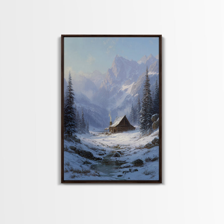 Winter Mountain Cabin Oil Painting Framed Canvas Print Rustic Snow Landscape Wall Art For Cozy Home Decor
