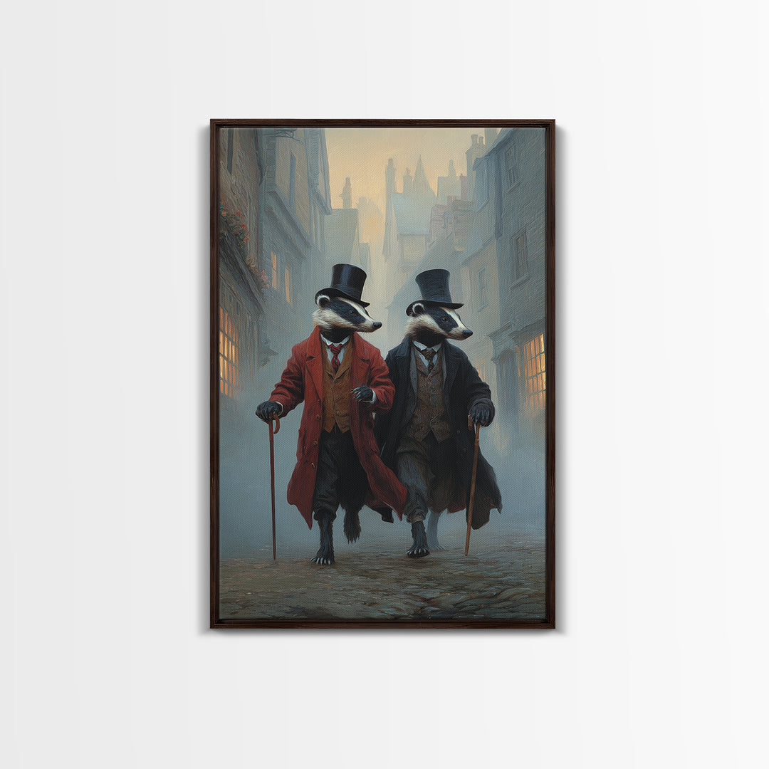Dapper Badger Gentlemen Walking In Foggy City Canvas Print, Whimsical Animal Wall Art For Nursery Room And Eclectic Decor
