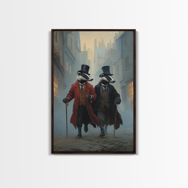 Dapper Badger Gentlemen Walking In Foggy City Canvas Print, Whimsical Animal Wall Art For Nursery Room And Eclectic Decor