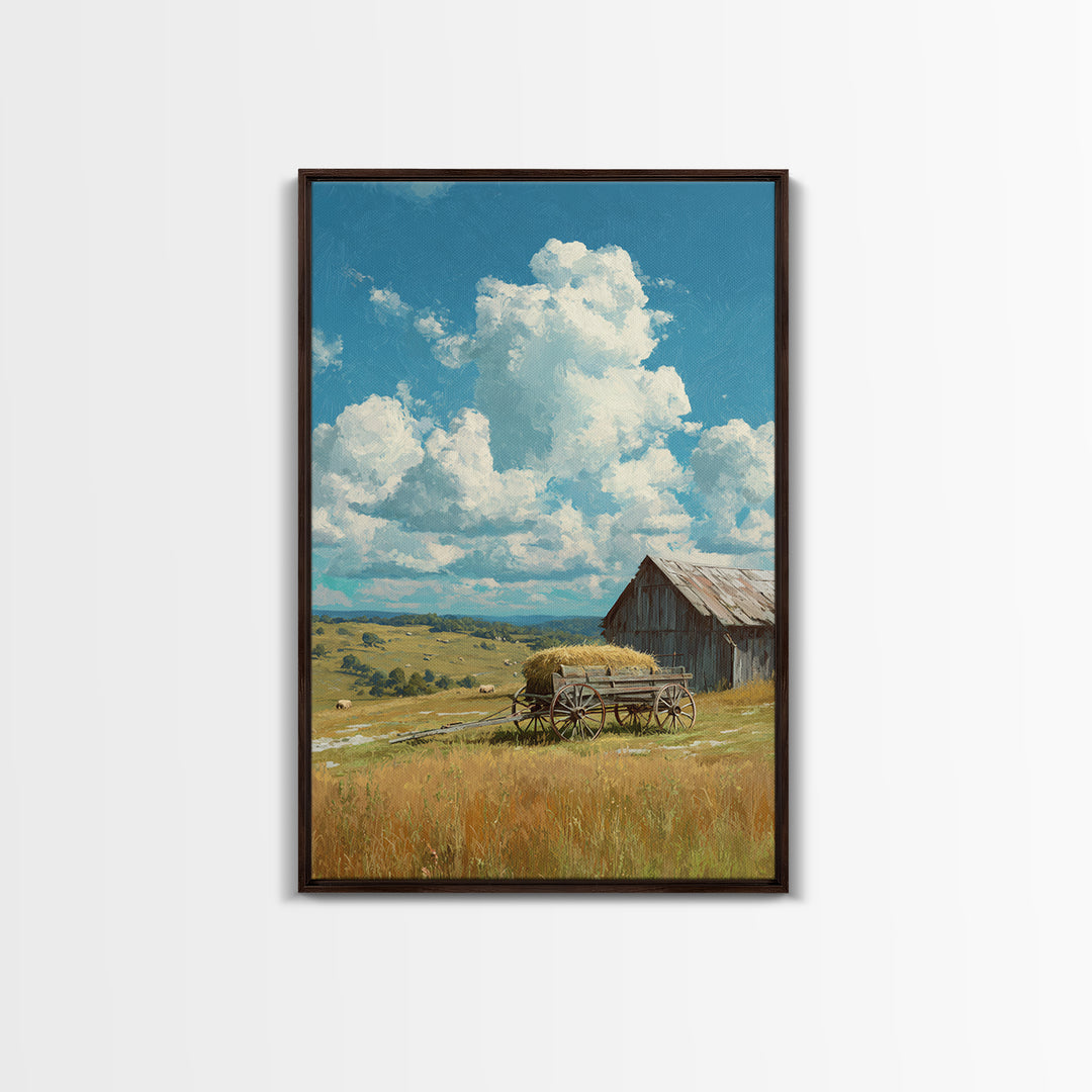 Bright Sunlit Barn And Field Landscape Painting Wall Art Canvas Print For Cozy Farmhouse Rustic Decor