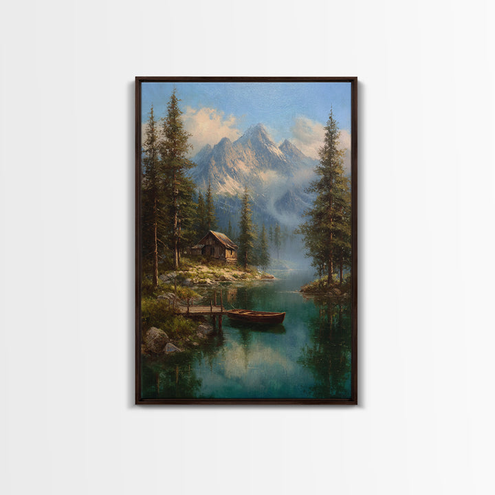 Tranquil Mountain Lake Cabin Scene Oil Painting Landscape Wall Art Canvas Print Rustic Home Decor Nature Lover Gift