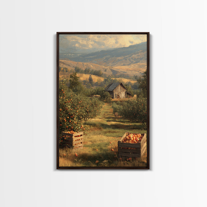 Classic Rustic Orchard Landscape Painting Framed Canvas Print For Farmhouse Decor And Country Home Wall Art