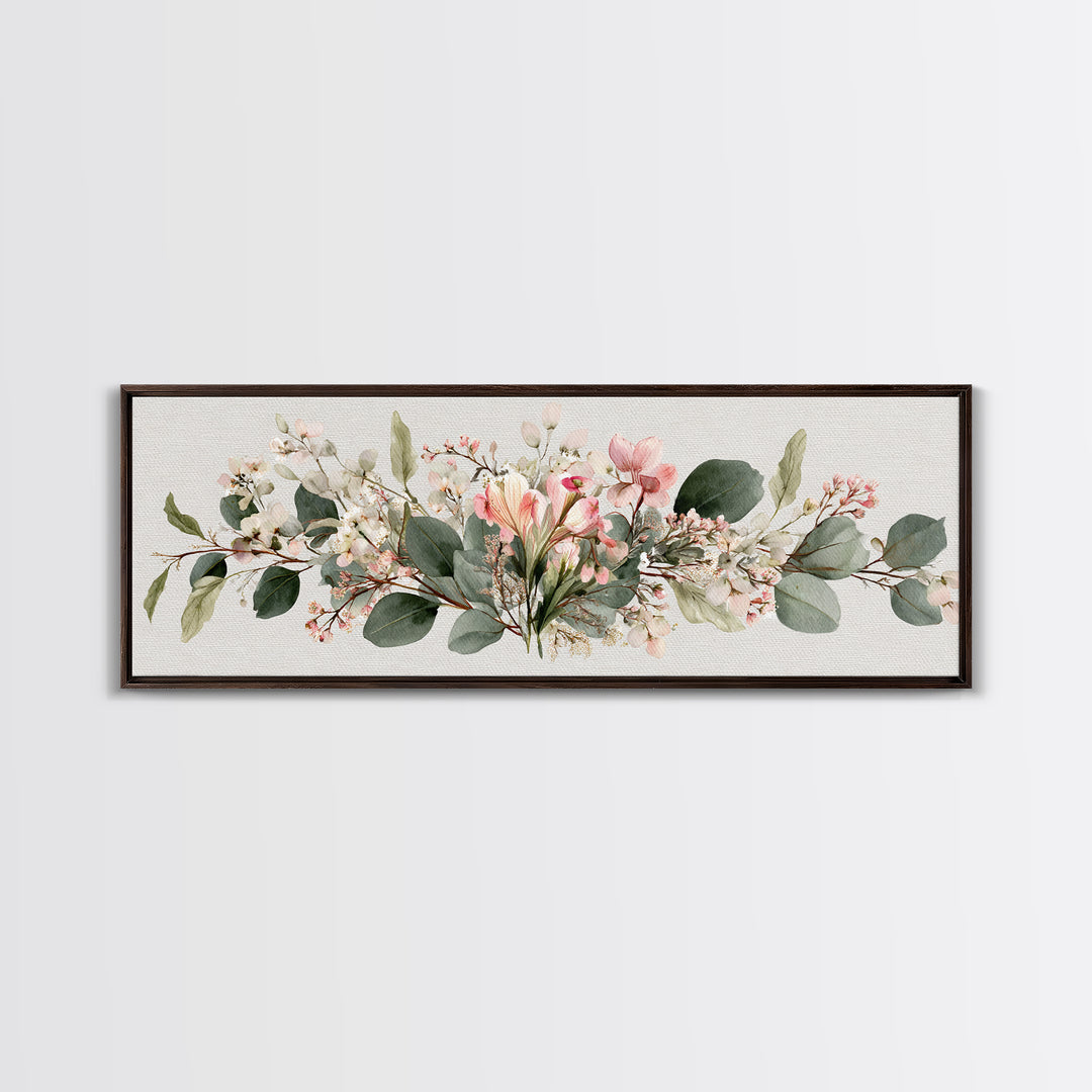 Soft Eucalyptus And Blush Magnolia Garland Wall Art, Panoramic Botanical Print, Neutral Floral Decor, Above Bed Canvas Print
