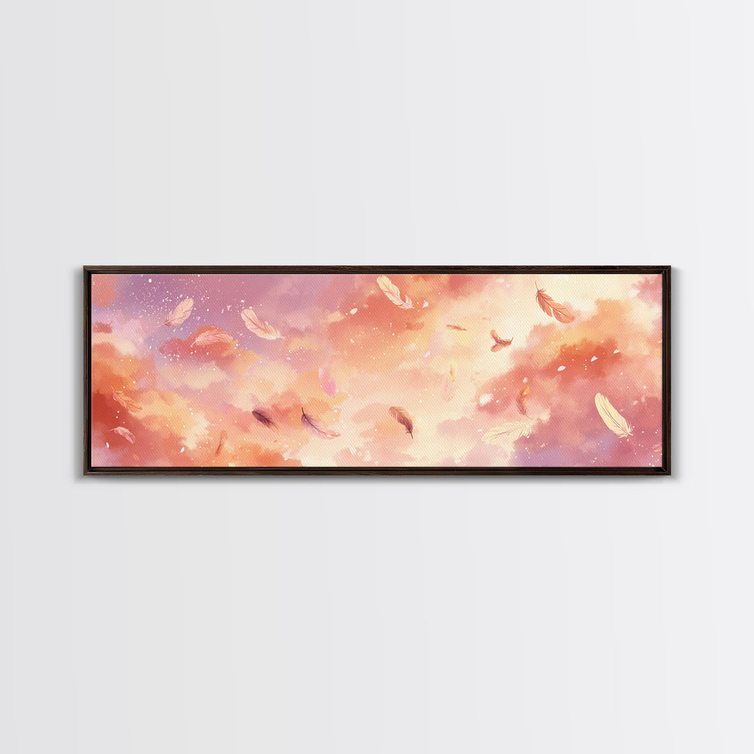 Pink Feather Cloud Sky Wall Art, Dreamy Celestial Canvas Print, Pastel Nursery Decor, Whimsical Bedroom Wall Decor, And Above Bed Art
